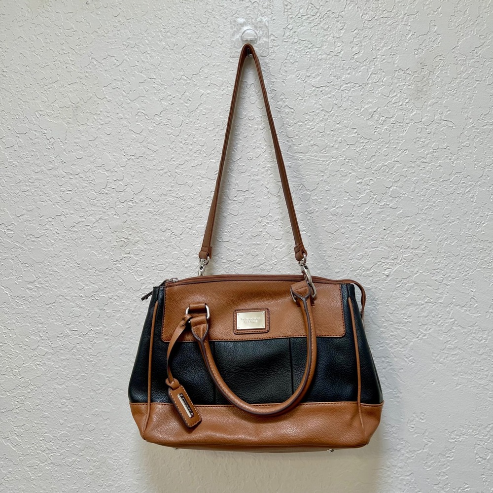 Tignanello Black Brown Pebbled Leather Colorblock Satchel Crossbody Handbag